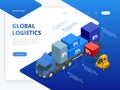 Isometric logistic infographic template with right truck loading and forklift. Checking delivery and ligistics service