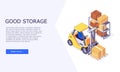 Isometric logistic warehouse boxes trucks forklifts goods and delivery storage banner vector illustration Royalty Free Stock Photo