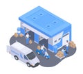 Isometric logistic, warehouse exterior, delivery service concept. Warehouse building, logistics transport and delivery men vector