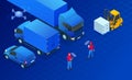 Isometric logistics automation concept. Delivery concept with isometric vehicles for cargo transport. International