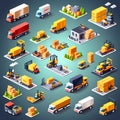 Isometric Logistics and Delivery Icons Set - Warehouse Workers, Boxes on Forklifts, and Cargo 3D Illustration Royalty Free Stock Photo