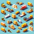 Isometric Logistics and Delivery Icons Set - Warehouse Workers, Boxes on Forklifts, and Cargo 3D Illustration