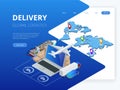 Isometric Logistics and Delivery Infographics. Delivery home and office. City logistics. Warehouse, truck, forklift