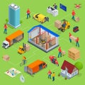 Isometric Logistics and Delivery Infographics. Delivery home and office. Warehouse, truck, forklift, courier, drone and