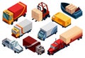 Isometric logistics. Transportation isometric elements set with loaded and empty trucks trailers boxes forklifts