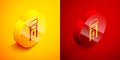 Isometric London phone booth icon isolated on orange and red background. Classic english booth phone in london. English Royalty Free Stock Photo