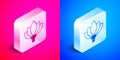 Isometric Lotus flower icon isolated on pink and blue background. Silver square button. Vector