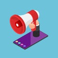 Isometric Loudspeaker or Megaphone in Hand on Smartphone