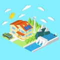 Isometric low-energy house. Wind turbine, solar panels and hydro power plant .For web design, mobile and application interface, al Royalty Free Stock Photo