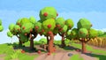 Isometric low poly apple orchard, 3D rendering