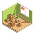 Isometric low poly home room sold out icon. In the room lies the delivered baggage, boxes, flower in the pot. The banner for sale