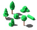 Isometric low poly trees and bushes set vector illustration