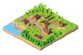 Isometric low poly village, 3D rendering, cartoon