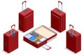 Isometric luggage or baggage for travel and transport concept design. Travel bags, suitcase set