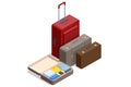 Isometric luggage or baggage for travel and transport concept design. Travel bags, suitcase set