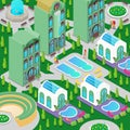 Isometric Luxury Hotel Building with Swimming Pool, Fountain and Green Garden Royalty Free Stock Photo