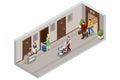 Isometric luxury hotel hallway interior with numbered doors, Woman chambermaid, Porter with Baggage, Waitress in uniform