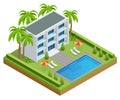 Isometric Luxury Swimming Pool near a modern hotel. Relaxing rattan chairs with pillows beside swimming pool.