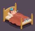 Isometric lying in sick man bed ill cold flu disease illness virus cartoon character design vector illustration