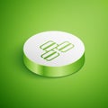Isometric Macaron cookie icon isolated on green background. Macaroon sweet bakery. White circle button. Vector
