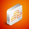 Isometric Macaron cookie icon isolated on orange background. Macaroon sweet bakery. Silver square button. Vector