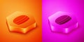 Isometric Macaron cookie icon isolated on orange and pink background. Macaroon sweet bakery. Hexagon button. Vector