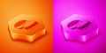 Isometric Macaron cookie icon isolated on orange and pink background. Macaroon sweet bakery. Hexagon button. Vector