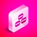 Isometric Macaron cookie icon isolated on pink background. Macaroon sweet bakery. Silver square button. Vector