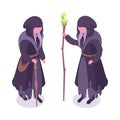 Isometric magic witch. Witchcraft magician characters, old witch with magic staff 3d vector illustration set