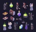 Isometric magic wizard and witch characters, witchcraft magician and cauldron. Witch and wizard, spell book, skull and magic chest Royalty Free Stock Photo