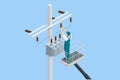 Isometric maintenance of voltage transformer, repair of power lines, work at height in helmets on crane in cradle