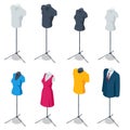 Isometric Male and Female Mannequin Dress Form Torso Tripod Stand Display. Set of realistic human mannequins isolated on