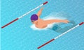 Isometric male swimmers doing butterfly style in different swimming lanes. Sports background