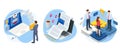 Isometric man analyzes the database of employees or personnel. Protection of personal data. Data processing. HR manager
