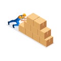 Isometric man delivery service pushes large cardboard boxes in stock man in uniform. Delivery Concept. Fast delivery van. Delivery