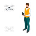 Isometric man with drone quadrocopter, Remote aerial drone with a camera taking photography or video recording. game