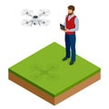 Isometric man with drone quadrocopter, Remote aerial drone with a camera taking photography or video recording. game