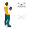 Isometric man with drone quadrocopter, Remote aerial drone with a camera taking photography or video recording. game Royalty Free Stock Photo