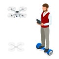 Isometric man with drone quadrocopter, Remote aerial drone