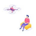 Isometric man with drone. Young men characters with remote aerial quadcopter. Vector isometric quadrocopter illustration Royalty Free Stock Photo