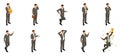 Isometric man with emotions, 3d businessman, in different poses with different emotions and movements