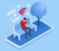 Isometric man in free internet zone using mobile gadgets, tablet pc and smartphone. WIFI zone. A man sits on a bench in
