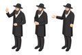 Isometric man in a hat and a long coat, a Jewish men. Religious Jew in traditional costume. Hasid with sidelocks. A man