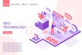 Isometric man improving SEO technology. Landing page template vector illustration. Royalty Free Stock Photo