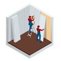 Isometric man installing drywall gypsum panels vector illustration. Construction building industry, new home