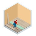 Isometric man installing new laminated wooden floor. Construction building industry, new home, construction interior