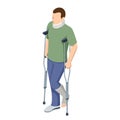 Isometric man with a leg injury in a cast on crutches and a neck injury. Social security and health insurance concept