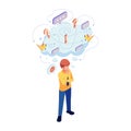 Isometric Man Overthinking with Cloud of Confusing Thoughts Royalty Free Stock Photo