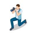 Isometric man Photographer with dslr Camera. Digital photo camera. Home hobby, lifestyle, travel, people concept