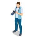 Isometric man Photographer with dslr Camera. Digital photo camera. Home hobby, lifestyle, travel, people concept Royalty Free Stock Photo